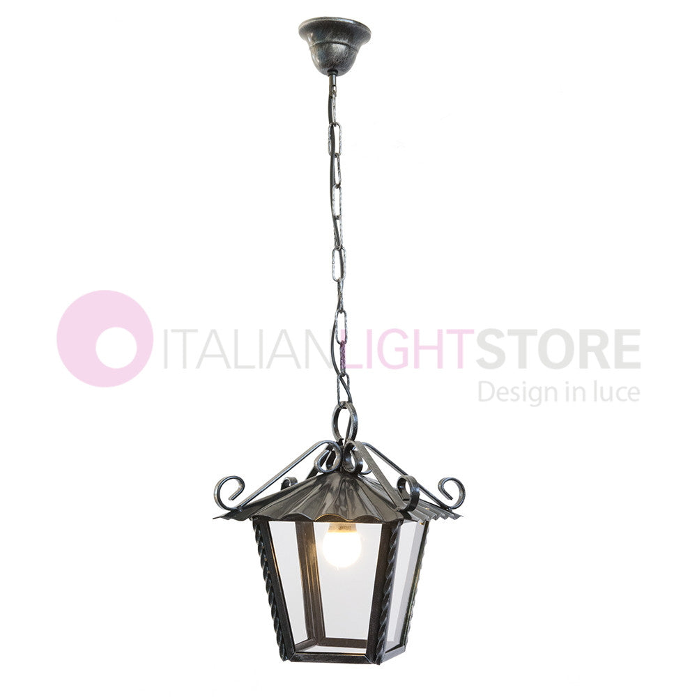 UMBRIA PICCOLA Lanterna Quadrata L.21 con Catena Ferro Battuto Design Rustico