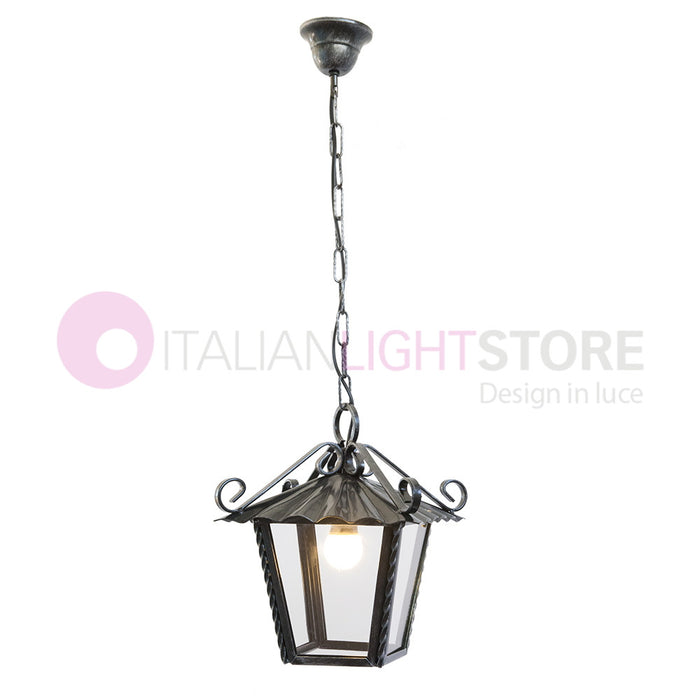 UMBRIA PICCOLA Lanterna Quadrata L.21 con Catena Ferro Battuto Design Rustico