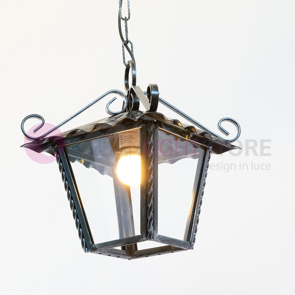 UMBRIA PICCOLA Lanterna Quadrata L.21 con Catena Ferro Battuto Design Rustico