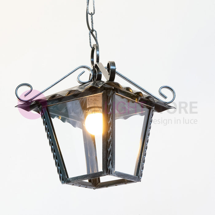 UMBRIA PICCOLA Lanterna Quadrata L.21 con Catena Ferro Battuto Design Rustico