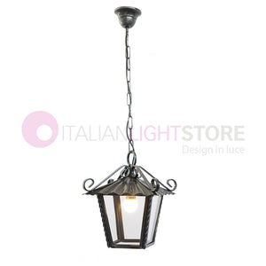 UMBRIA Lanterna Quadrata con Catena Ferro Battuto L.25 Design Rustico