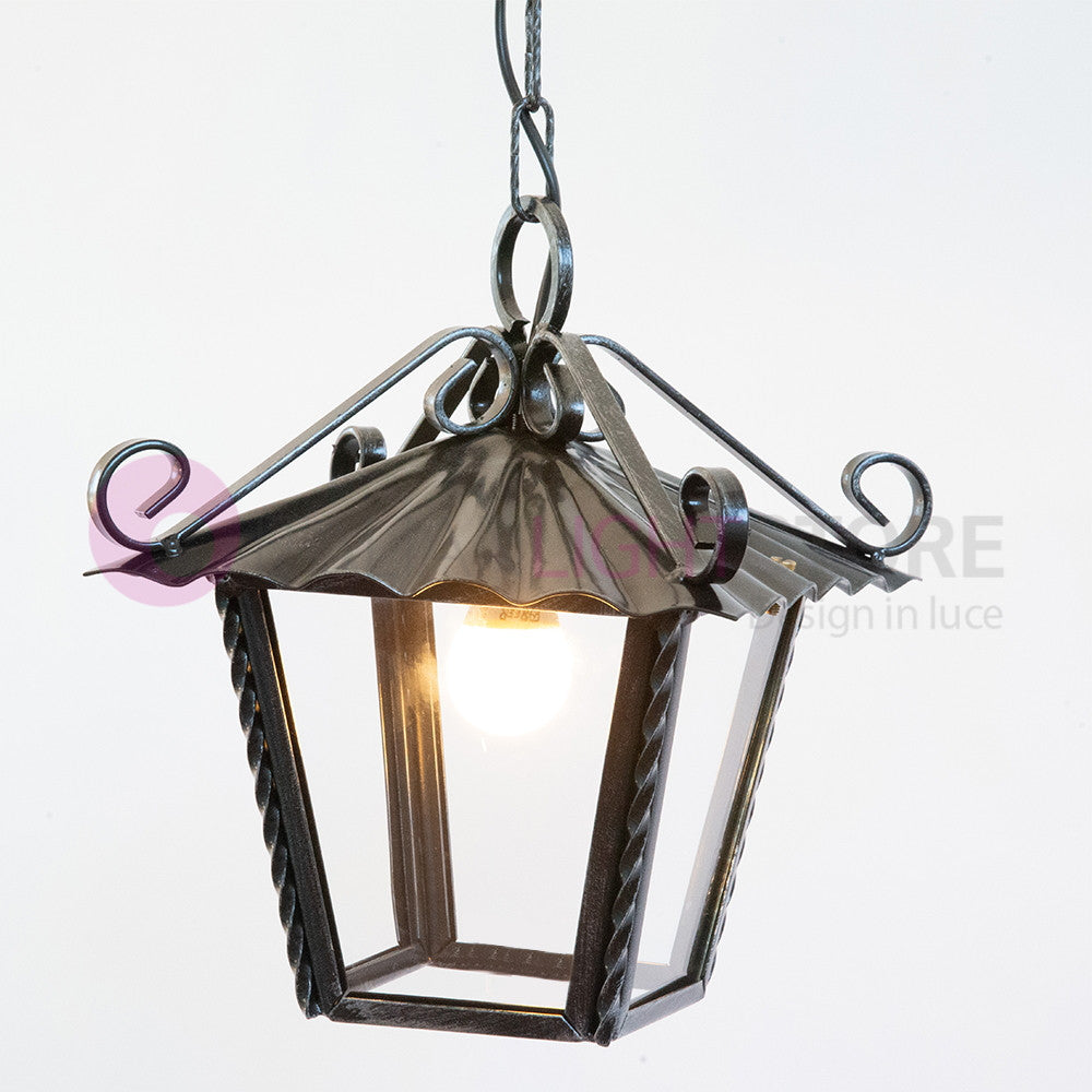 UMBRIA Lanterna Quadrata con Catena Ferro Battuto L.25 Design Rustico