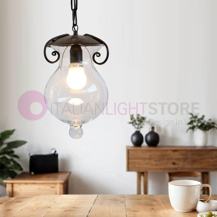 GOCCIA Lanterna con Catena in Ferro Battuto Vetro D.20