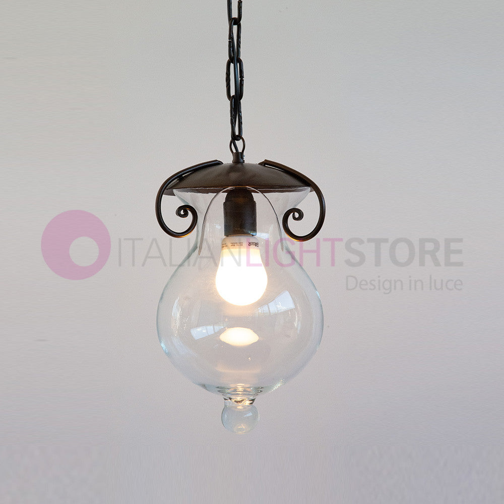 GOCCIA Lanterna con Catena in Ferro Battuto Vetro D.20