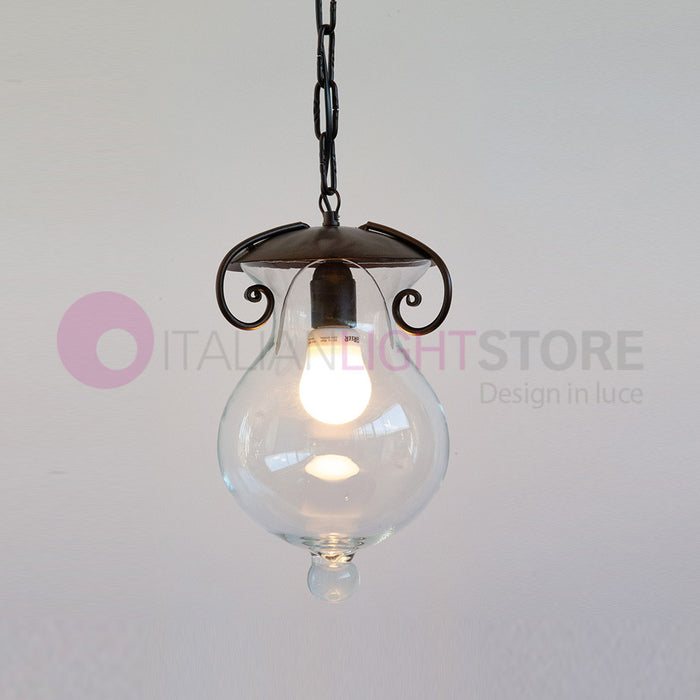 GOCCIA Lanterna con Catena in Ferro Battuto Vetro D.20