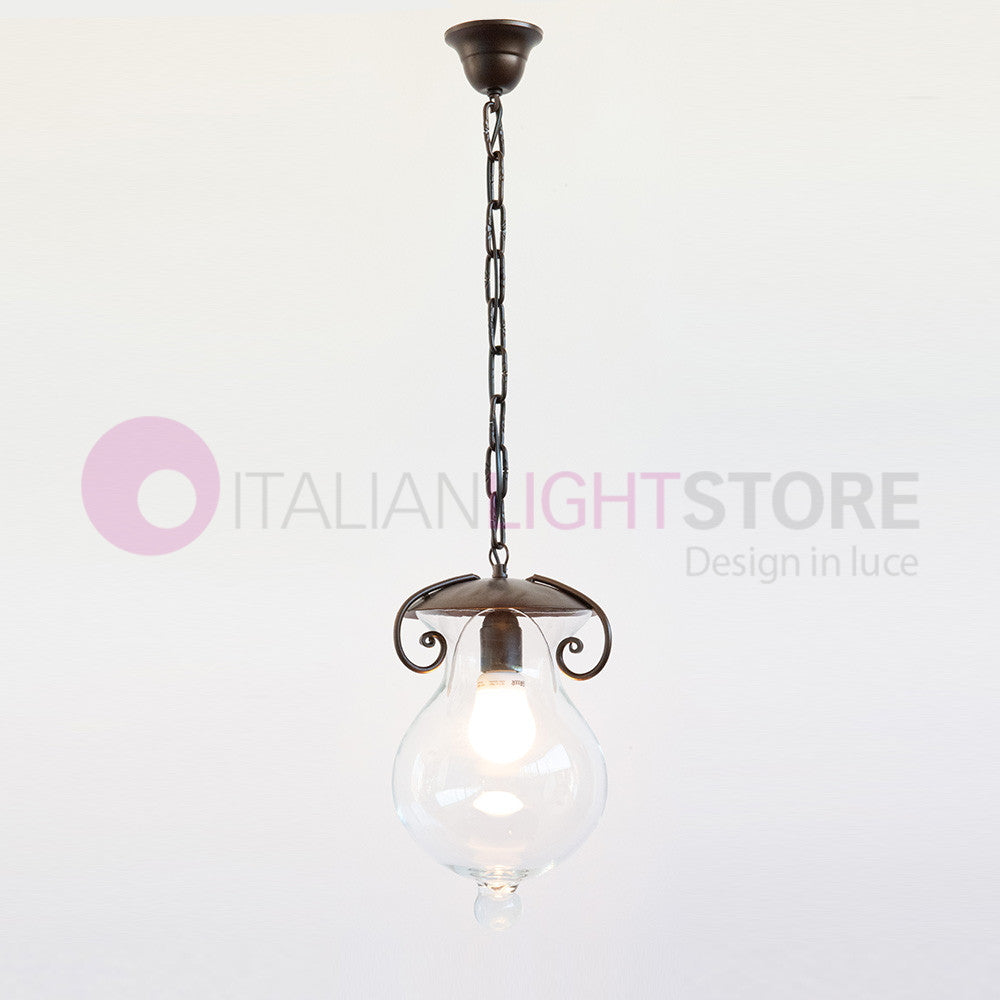 GOCCIA Lanterna con Catena in Ferro Battuto Vetro D.20