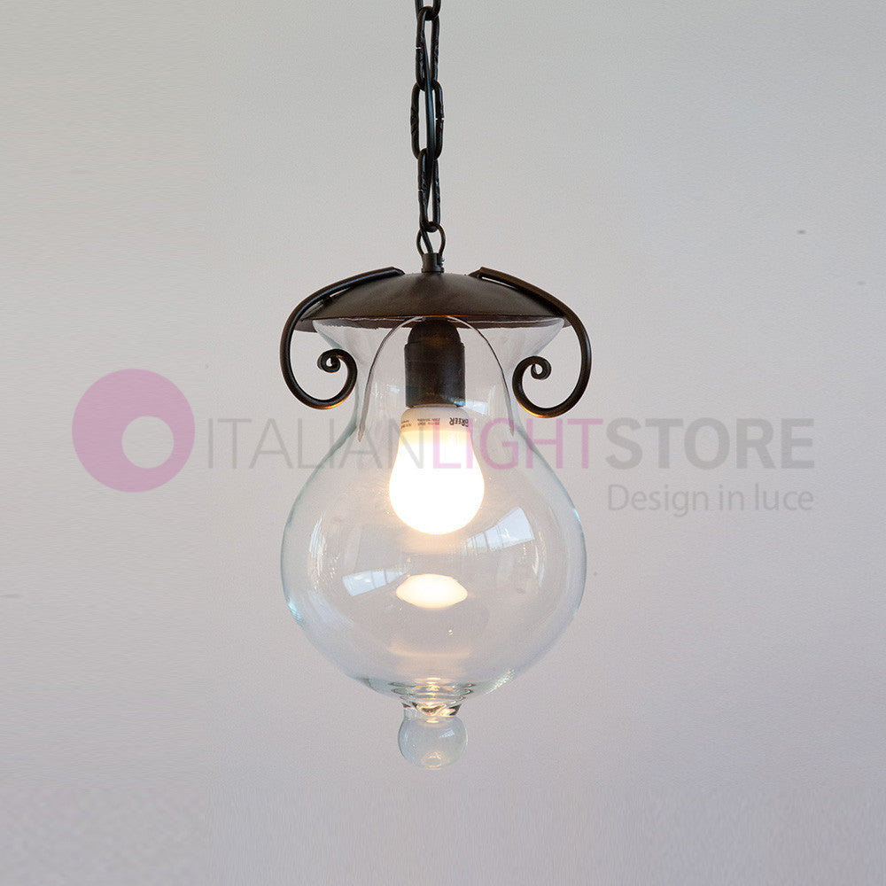 GOCCIA Sospensione con Catena in Ferro Battuto Vetro D.15