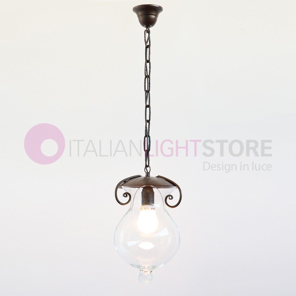 GOCCIA Sospensione con Catena in Ferro Battuto Vetro D.15