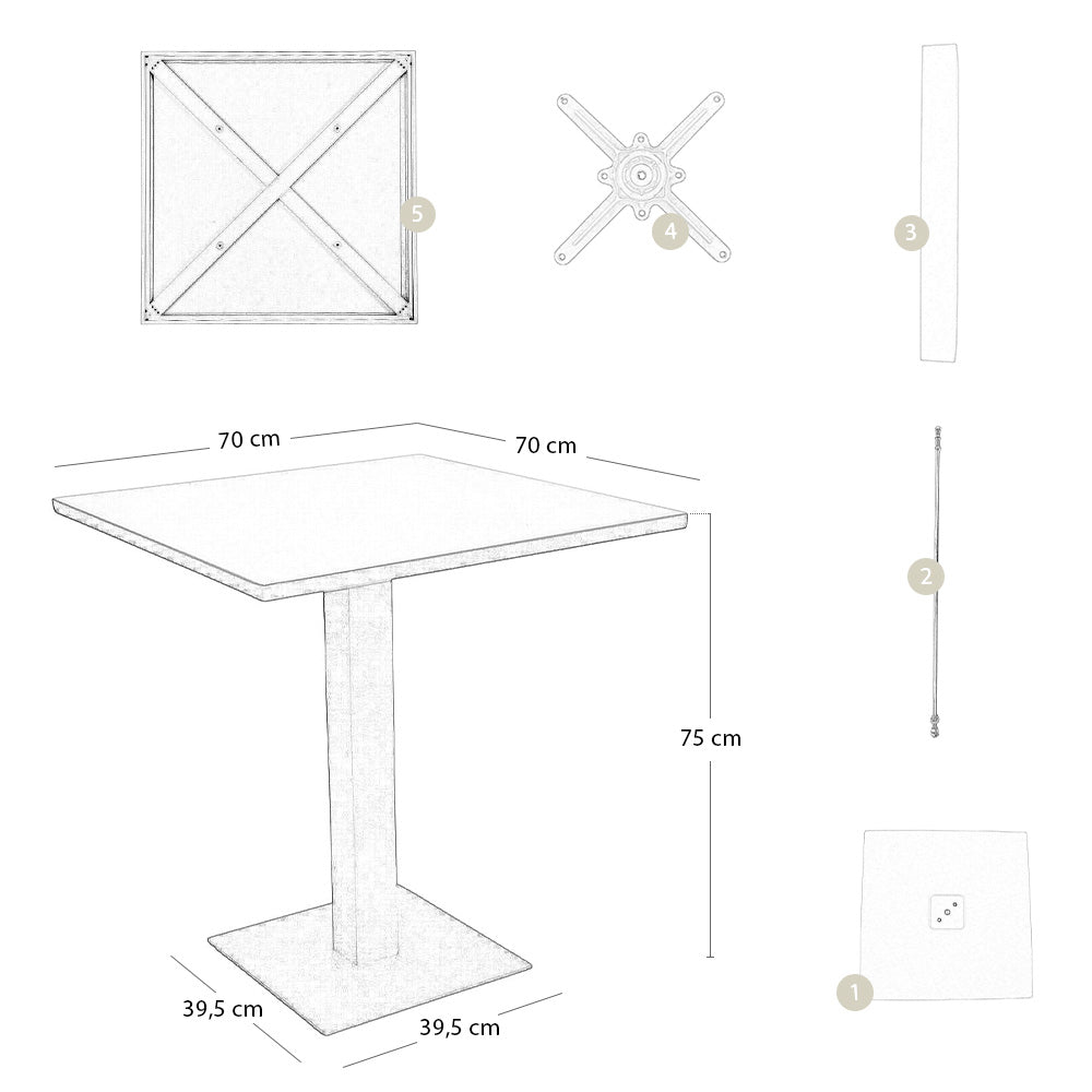 Tavolo da bar bianco panna cm 70 x cm 70 con piano in alluminio verniciato x 3