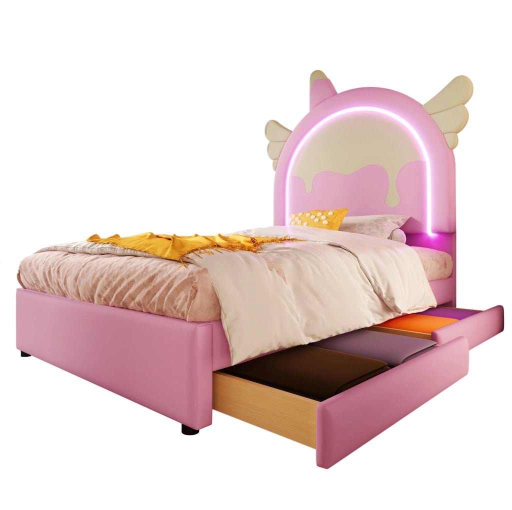 Letto imbottito rosa 90x200 cm con 2 cassetti e luce LED, forma unicorno