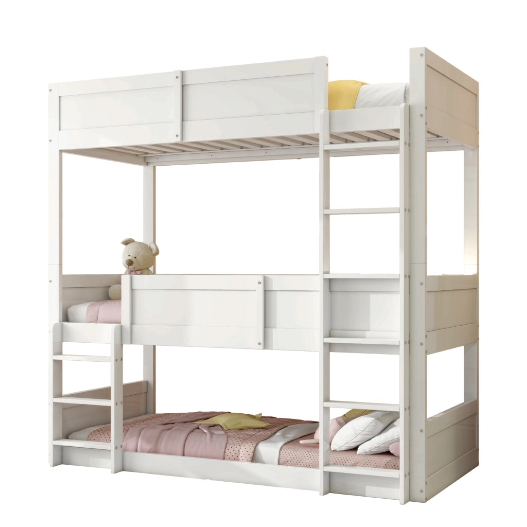 OKWISH Letto a Castello 90×200 cm, Letto 3 Posti con Sponde di Sicurezza e Struttura Modulare, senza Materasso, in Legno, Bianco