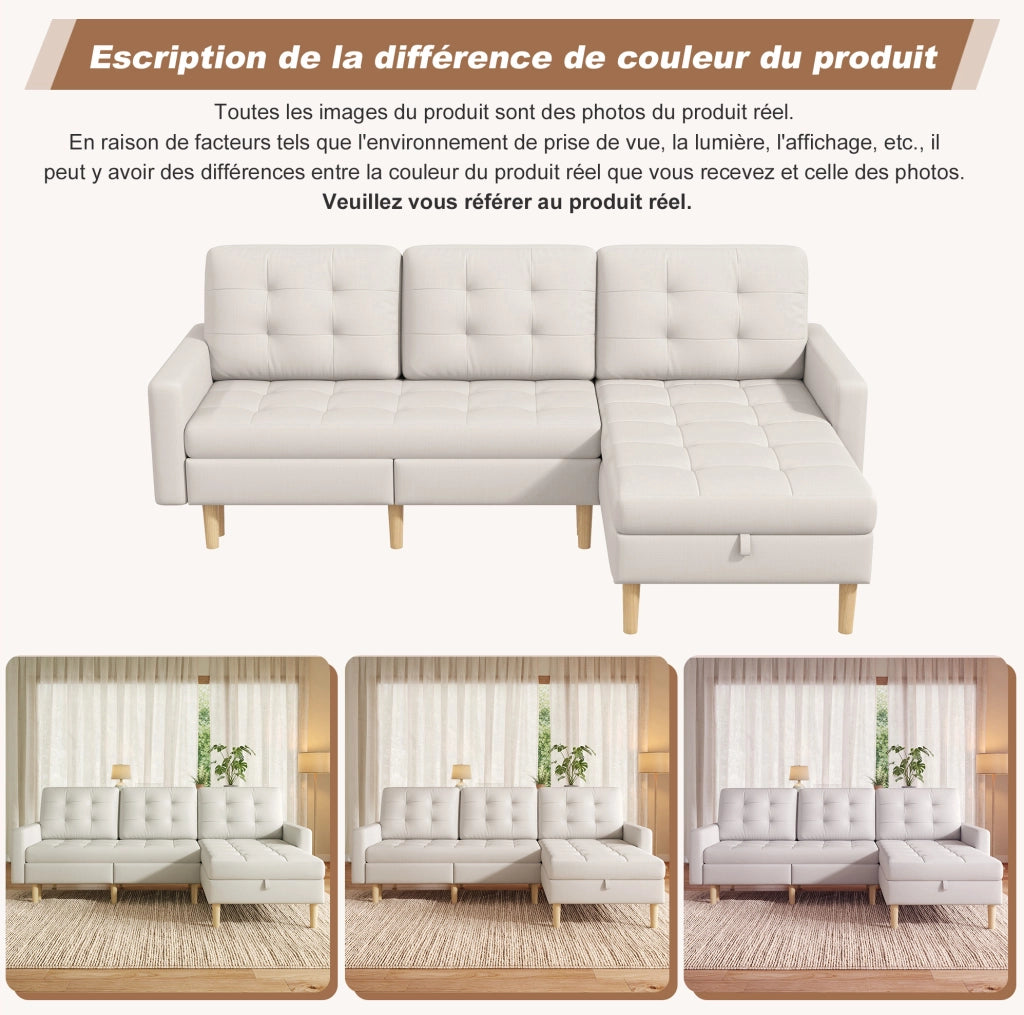 Divano angolare a L con contenitore e chaise longue reversibile 212x130x86 cm; beige