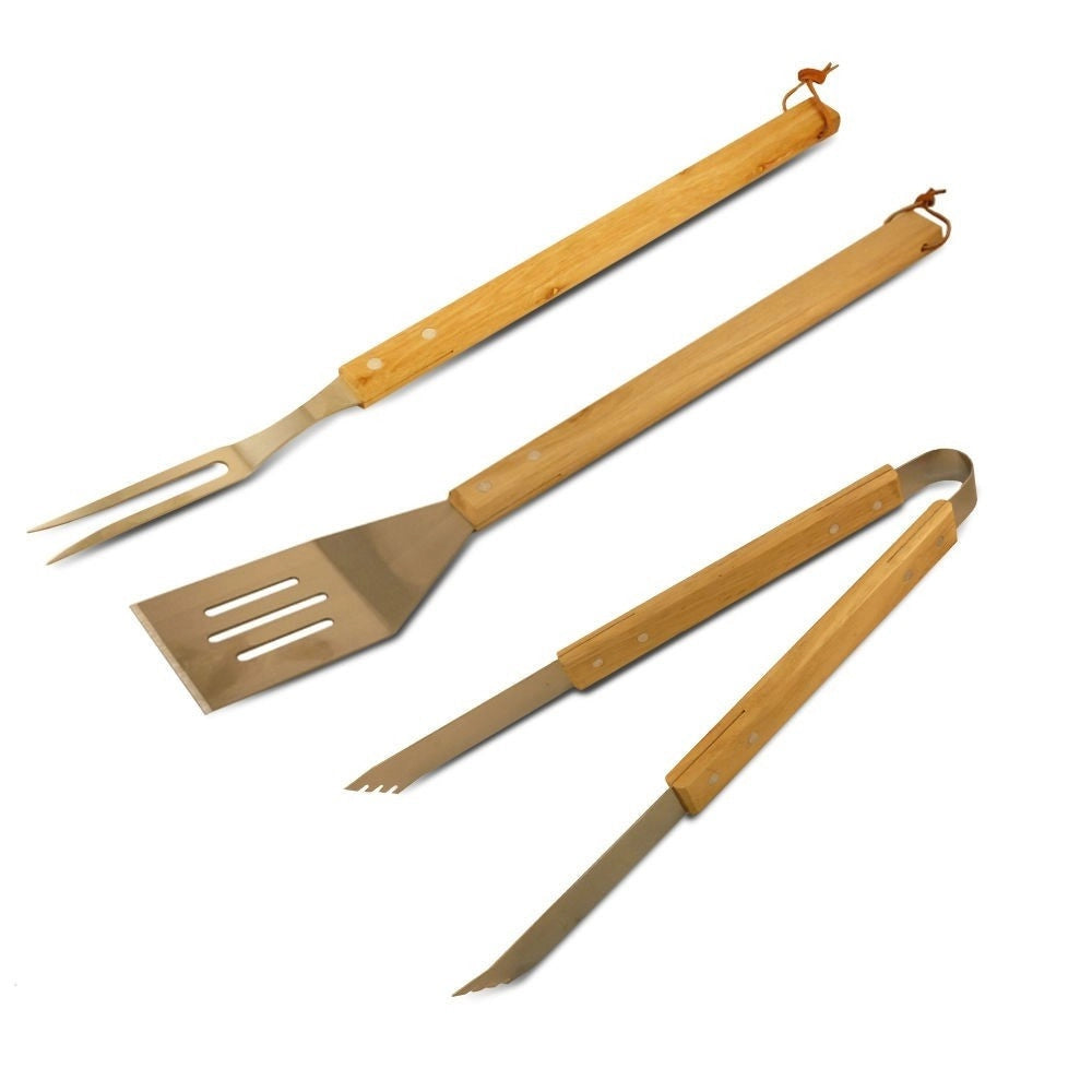 Trade Shop - Set 3 Pezzi Utensili Barbecue In Acciaio E Legno Accessori Attrezzi Bbq Tools -