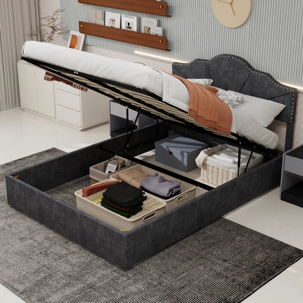 Letto Contenitore 160 x 200 cm con Testiera Geometrica e Rete a Doghe in Grigio