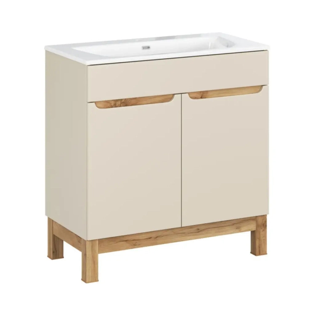 Set da bagno ERMANO cachemire e finitura rovere 80cm: mobile sotto lavabo + lavabo incassato bianco
