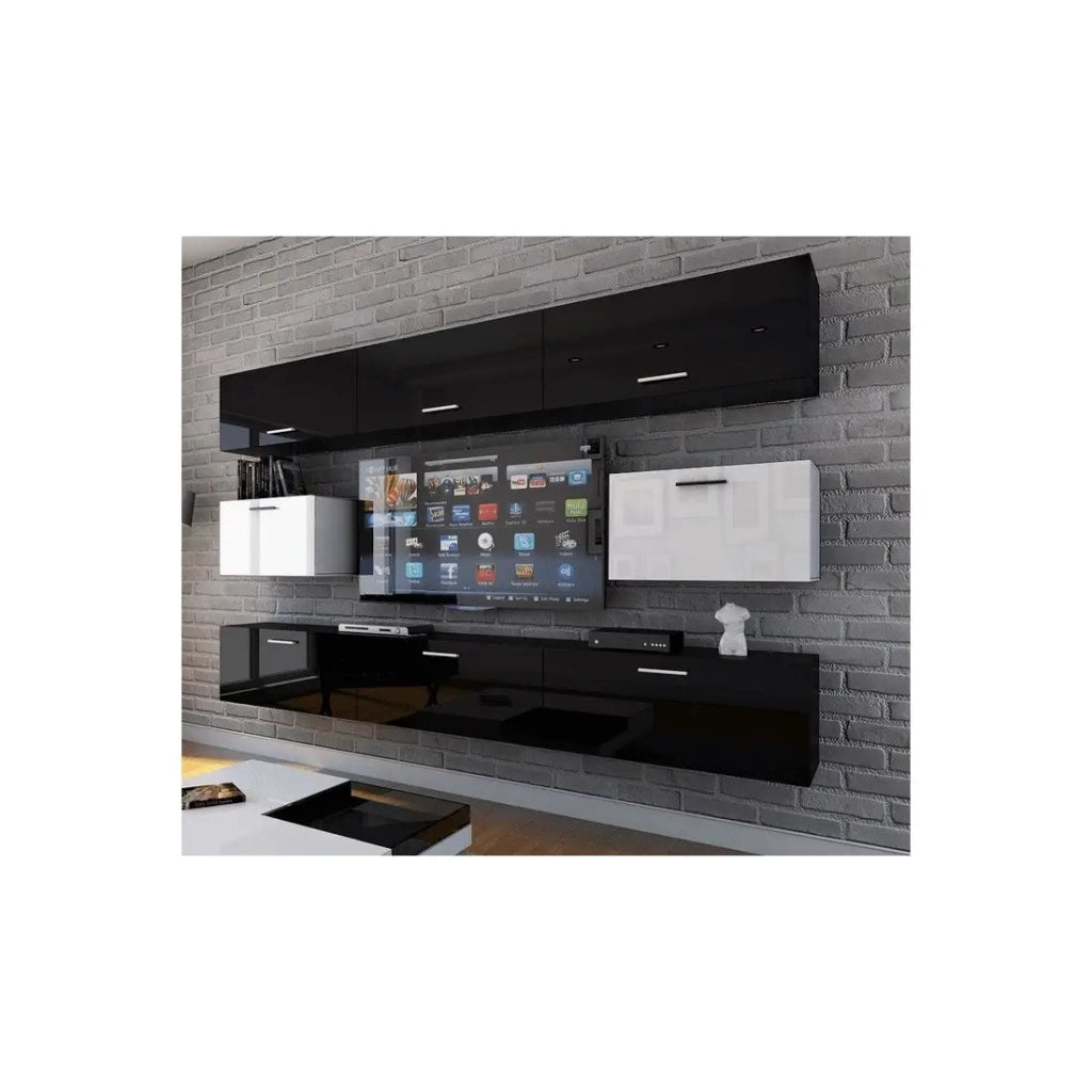 Set di mobili da soggiorno nero e bianco sospesi collezione CEPTO VII 249cm, 8 porte, modulari.