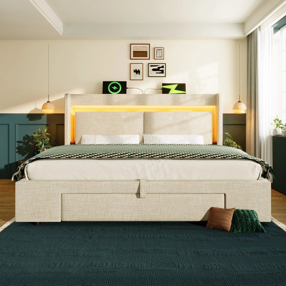 Letto Imbottito Contenitore 140x200 con LED, USB ¨C MINIMAL ¨C Beige, Tessuto Lino, Testiera con Vano
