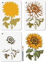 Sjabloni di fiori di girasole 3 pezzi - Sjabloni riciclabili - Disegno a strati di fiori - Plastica - 29,7 x 21 cm - Inclusa pennello - Sjabloni per pittura