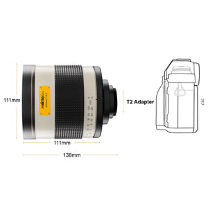 Obiettivo fotografico catadiottrico 800/8,0 DSLR compatibile con Nikon Z - 131mm - per lunghezza focale 800mm - sensore full-frame/APS-C - adattatore T2 - messa a fuoco ravvicinata 3,5m