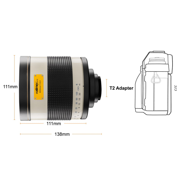 Obiettivo fotografico catadiottrico 800/8,0 DSLR compatibile con Nikon Z - 131mm - per lunghezza focale 800mm - sensore full-frame/APS-C - adattatore T2 - messa a fuoco ravvicinata 3,5m