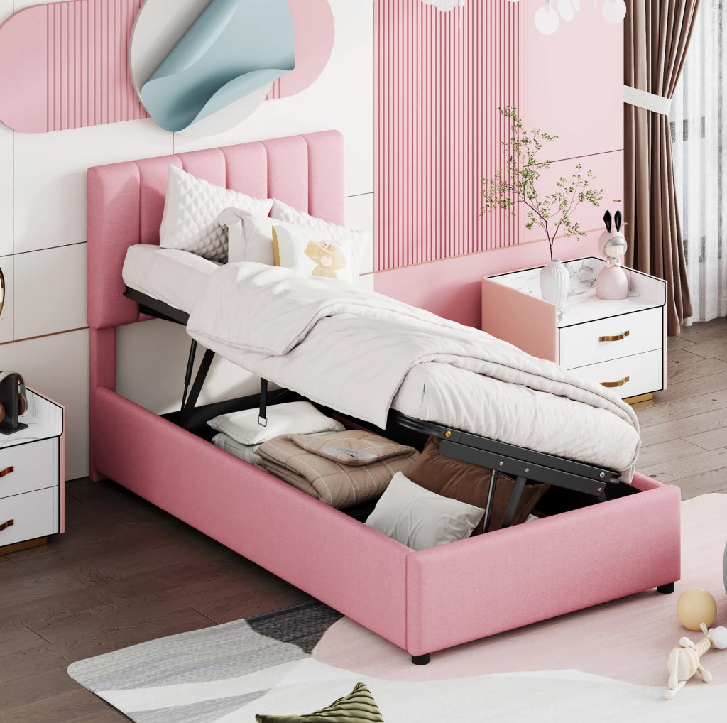 Letto imbottito per bambini 90x200 cm con contenitore idraulico; tessuto lino rosa