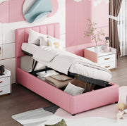 Letto imbottito per bambini 90x200 cm con contenitore idraulico; tessuto lino rosa