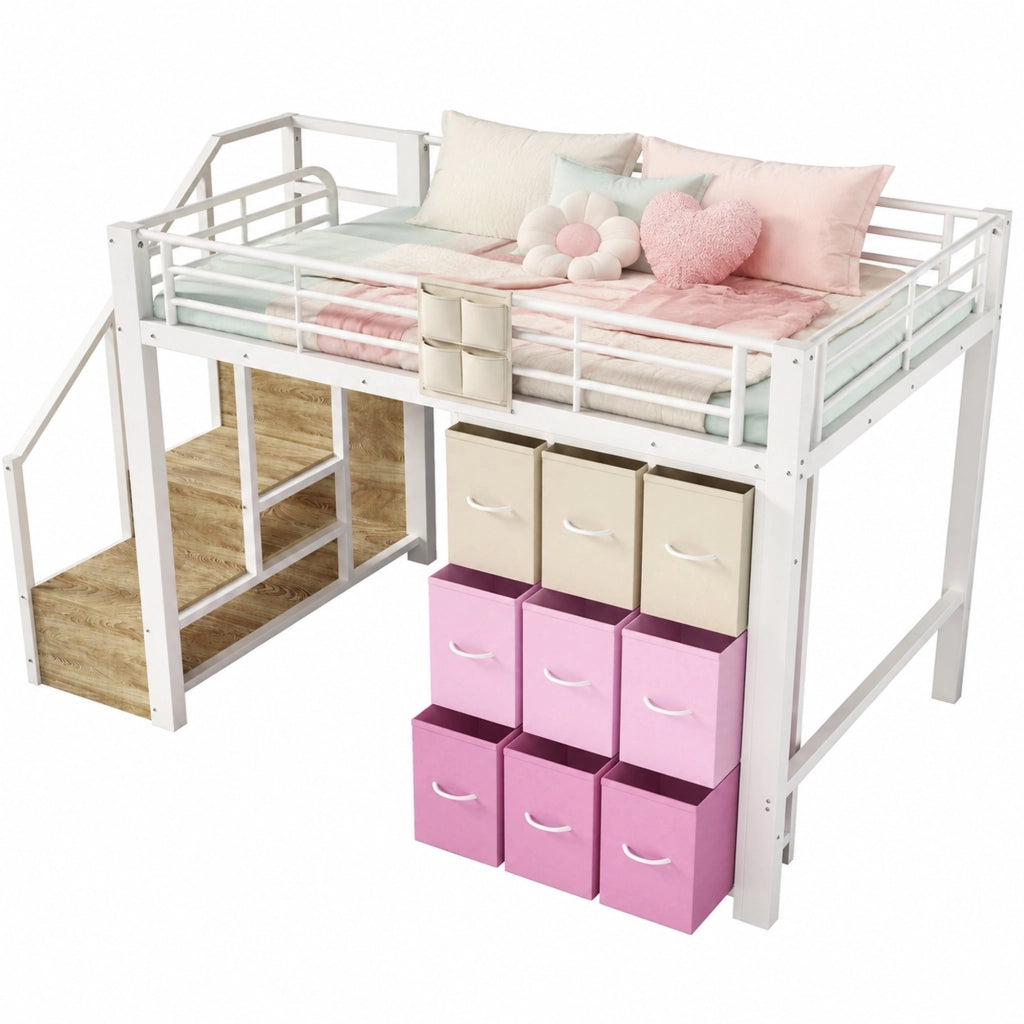 Letto a Soppalco 140x200 cm; Cassetti; Appenderia e Scala contenitore - Bianco