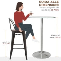 Tavolo Alto da Bar Moderno Rotondo con Base in Acciaio e Piano in Vetro, Ø70x102cm, Trasparente