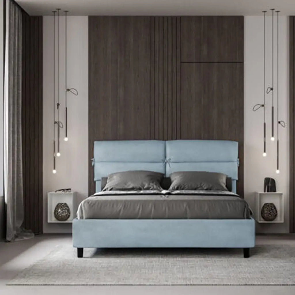 Letto matrimoniale con rete imbottito 160x200 microfibra azzurro Nandy