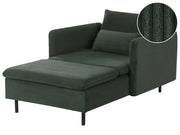 Chaise longue in velluto a coste verde scuro, imbottita con cuscini, design moderno