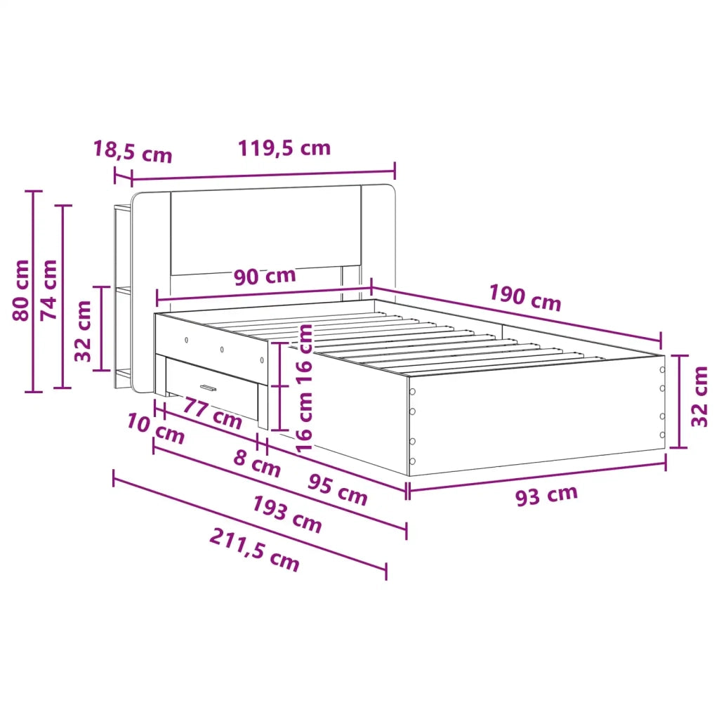 Telaio del letto con storage Sonoma grigio 90 x 190 cm