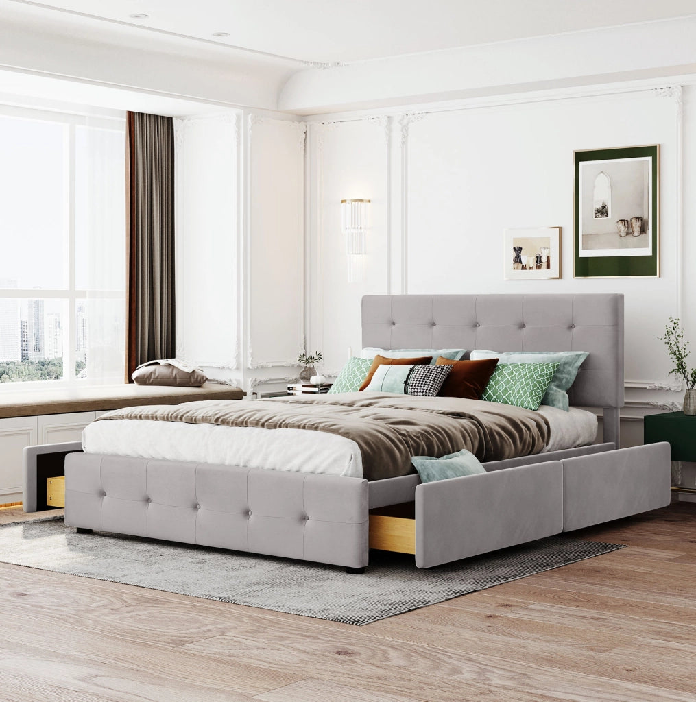 Letto matrimoniale 140x200 cm con 4 cassetti; struttura robusta; velluto imbottito; grigio