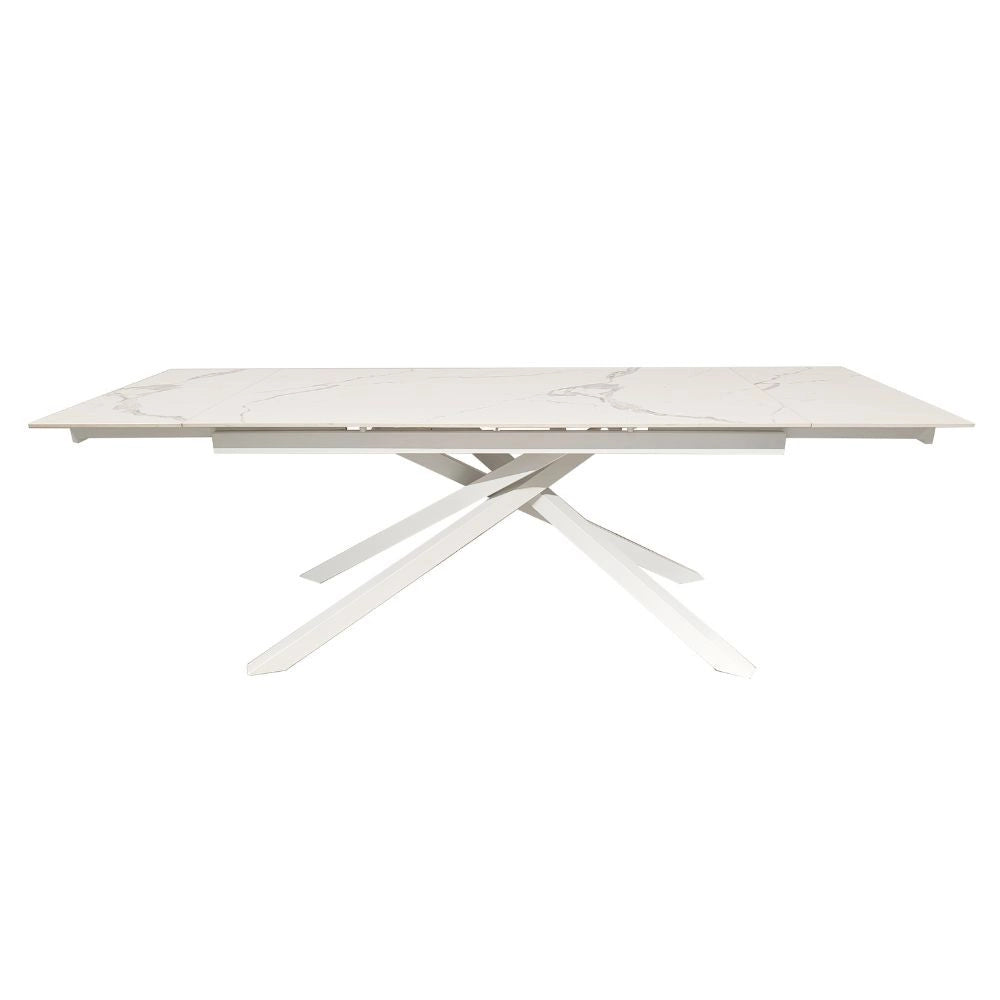 Tavolo allungabile Nefti con top in ceramica colore bianco statuario lucido con gambe bianche