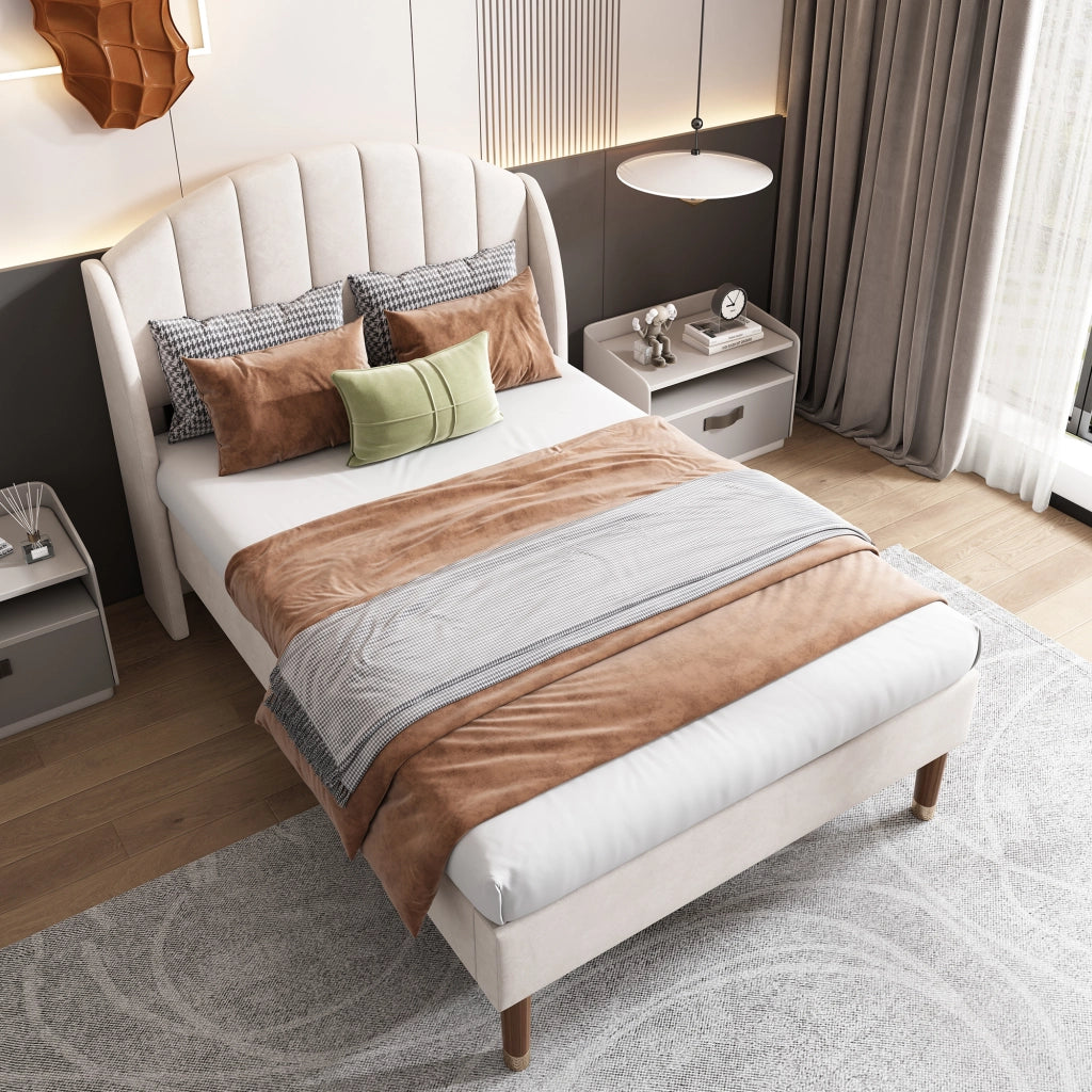 Letto Singolo 90×200 cm; 1 Posto con Testiera Imbottita; senza Materasso; Velluto Beige