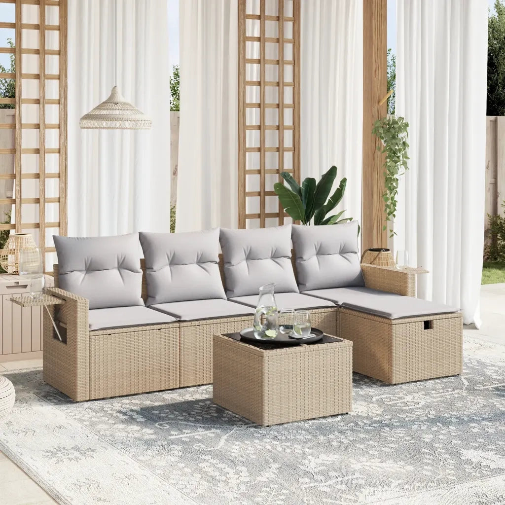 Set Divano da Giardino 6 pz con Cuscini Beige Misto Polyrattan