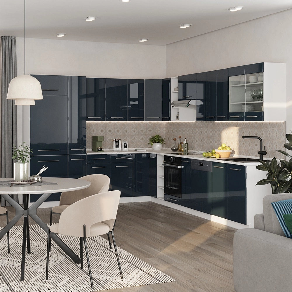Cucina angolare completa Fame-Line Blu scuro lucido/Bianco 347 x 257 cm, PL Marmo Vicco