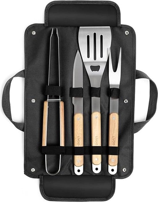 Accessori per barbecue, acciaio inossidabile, posate per barbecue di alta qualità, con contenitore portatile per l'organizzazione, set di utensili per barbecue perfetto per uomini, con termometro per carne, regalo.