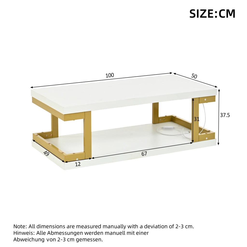 Tavolino basso con LED e 2 ripiani aperti per soggiorno e studio in MDF e metallo bianco e oro 100 × 50 × 37,5 cm