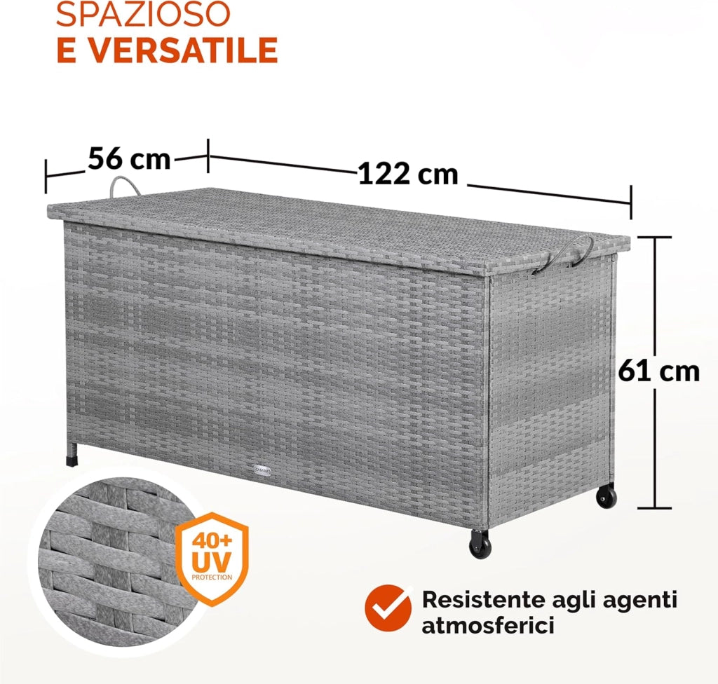 Baule da Giardino Salvaspazio 122x56x62cm Polyrattan Box Esterno con Rotelle Coperchio