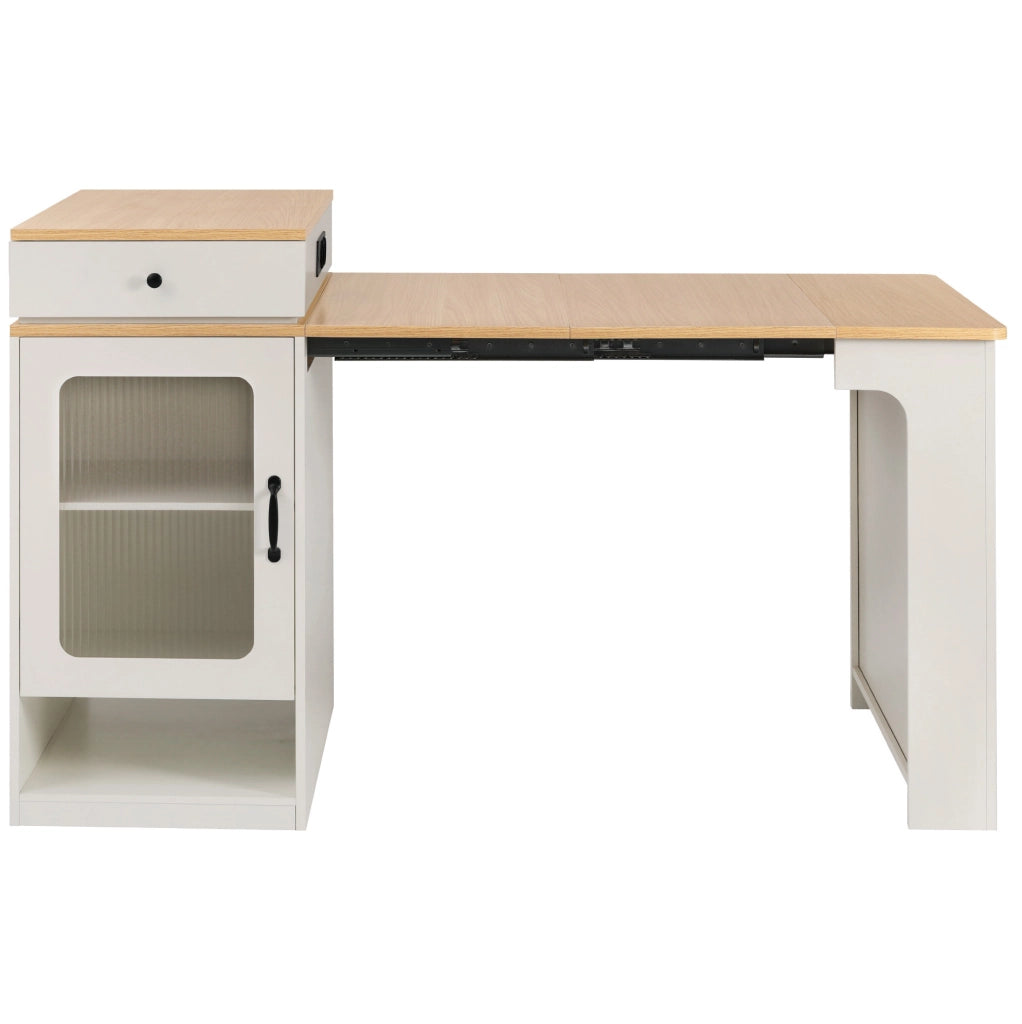 Tavolo allungabile 80x71~111~151x92 cm con prese integrate; MDF e vetro; bianco e naturale