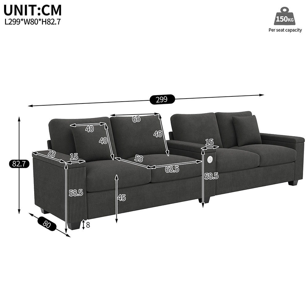 Divano moderno 4 posti - Xylo - Grigio - Tessuto peluche, funzione ricarica USB/USB-C, bracciolo centrale ribaltabile con vano