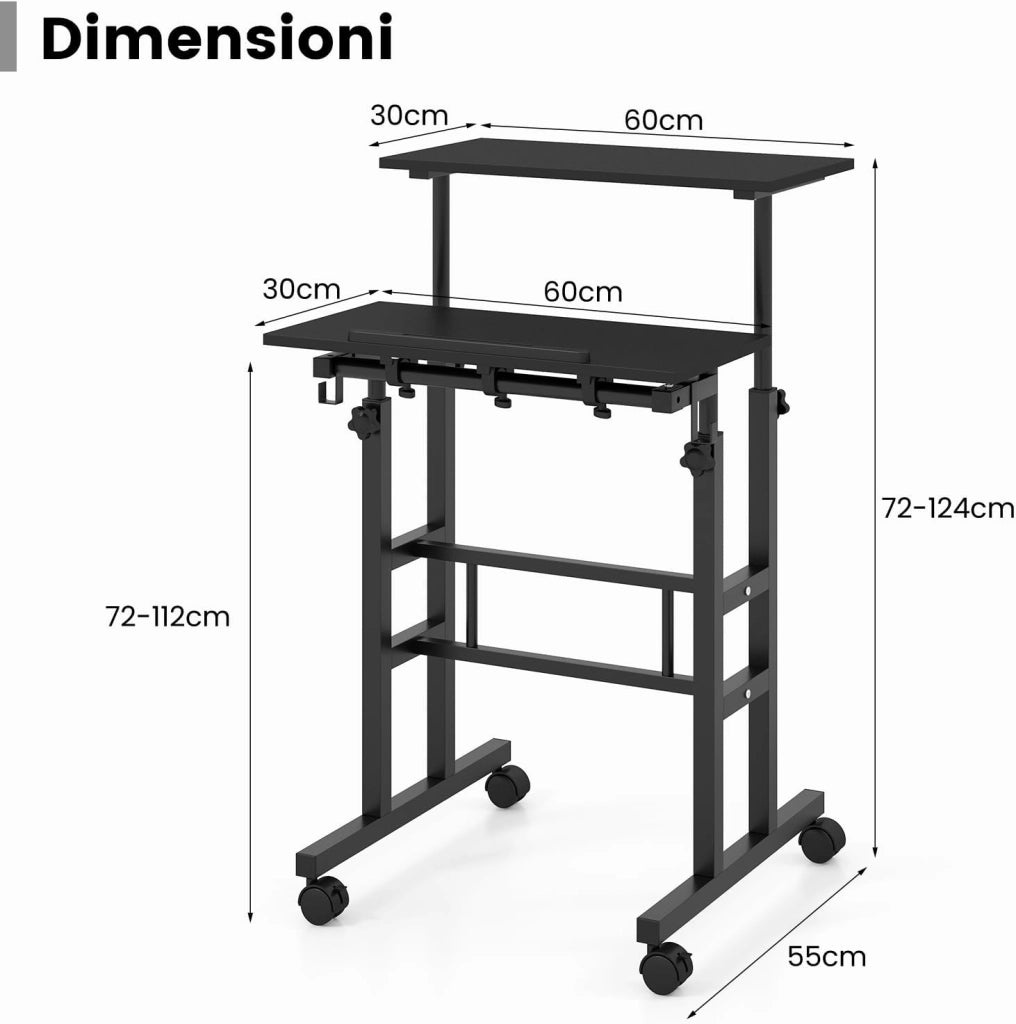 Scrivania per Computer Regolabile in Altezza, Scrivania Salvaspazio con Ruote e Ganci, Tavolo Porta PC per Studio e Ufficio, 60 x 60 x 72-124 cm (Nero)