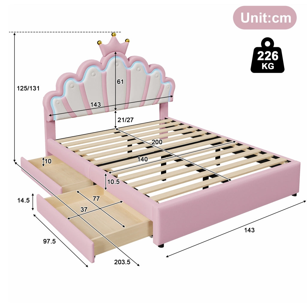 OKWISH Letto Bambini 140×200 cm, Letto Matrimoniale con LED Regolabile, 2 Cassetti e Testiera Regolabile, senza Materasso, in PU, Rosa