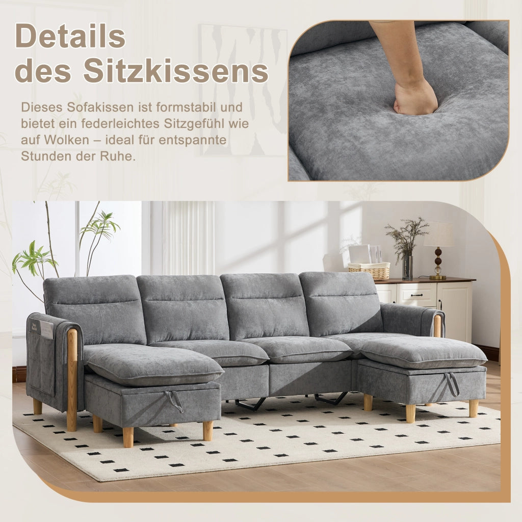 Divano a U modulare con 2 pouf contenitore e tasche laterali in chenille grigio chiaro per soggiorno 261 × 77 × 86 cm