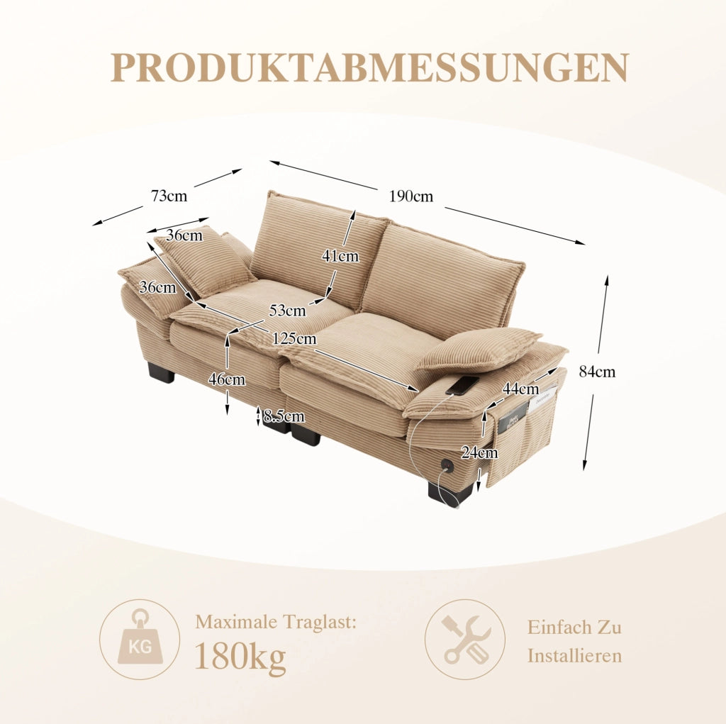 Divano a 2 posti in corduroy con porta USB-C; seduta ampia; khaki; 190 cm