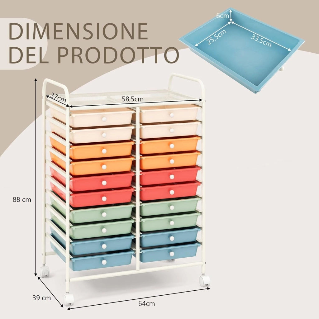 Carrello di Stoccaggio con 20 Cassetti, Carrello portaoggetti con 4 Ruote, Carrello Multiuso per Scuola Ufficio Cucina, 64 x 39 x 88 cm (Colorato 2)