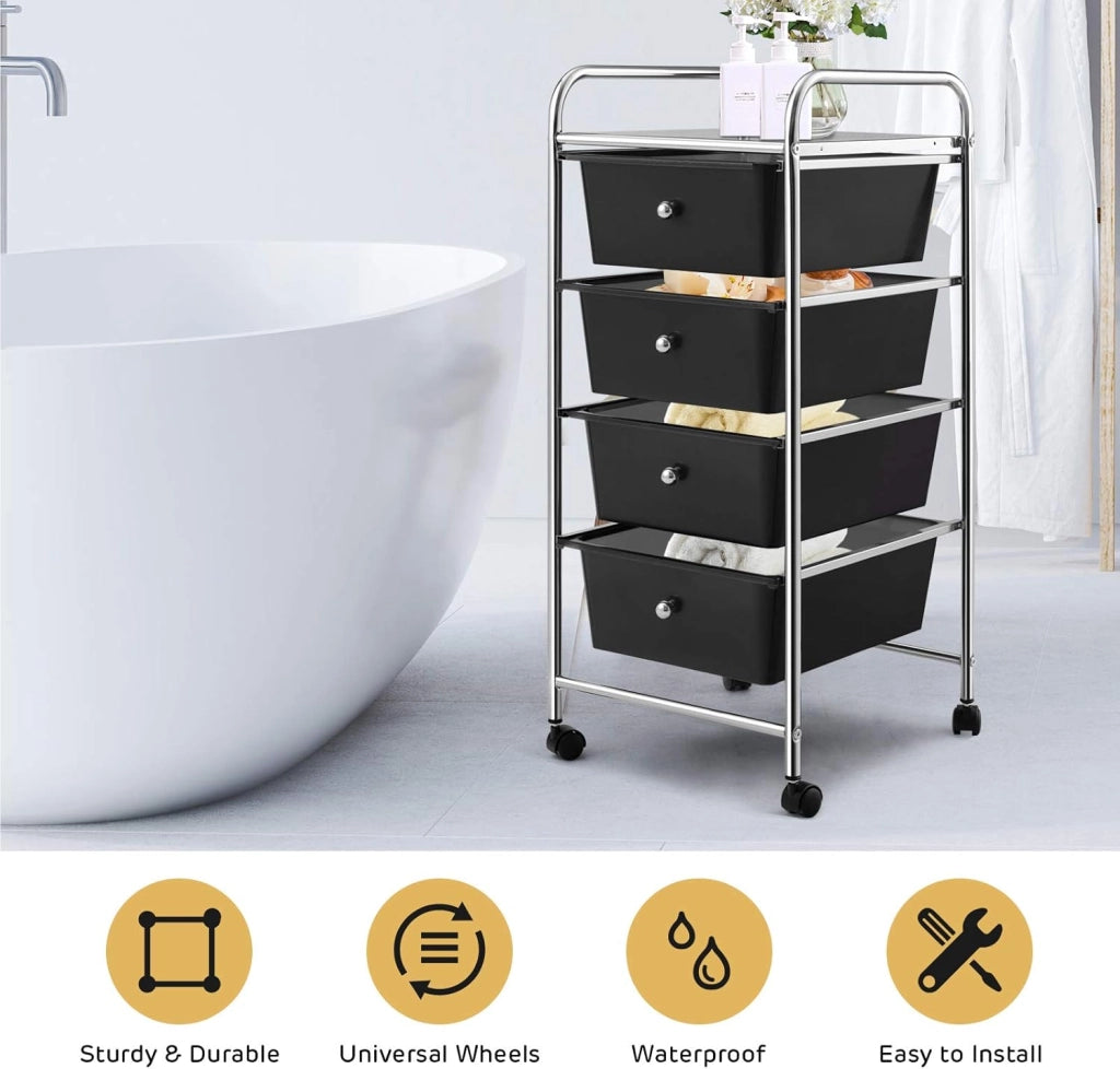 Carrello con 4 cassetti impilabili, carrello per cassetti, carrello da cucina con ruote, carrello portaoggetti, per cucina, bagno, ufficio, 32 x 37 x 76 cm (nero)