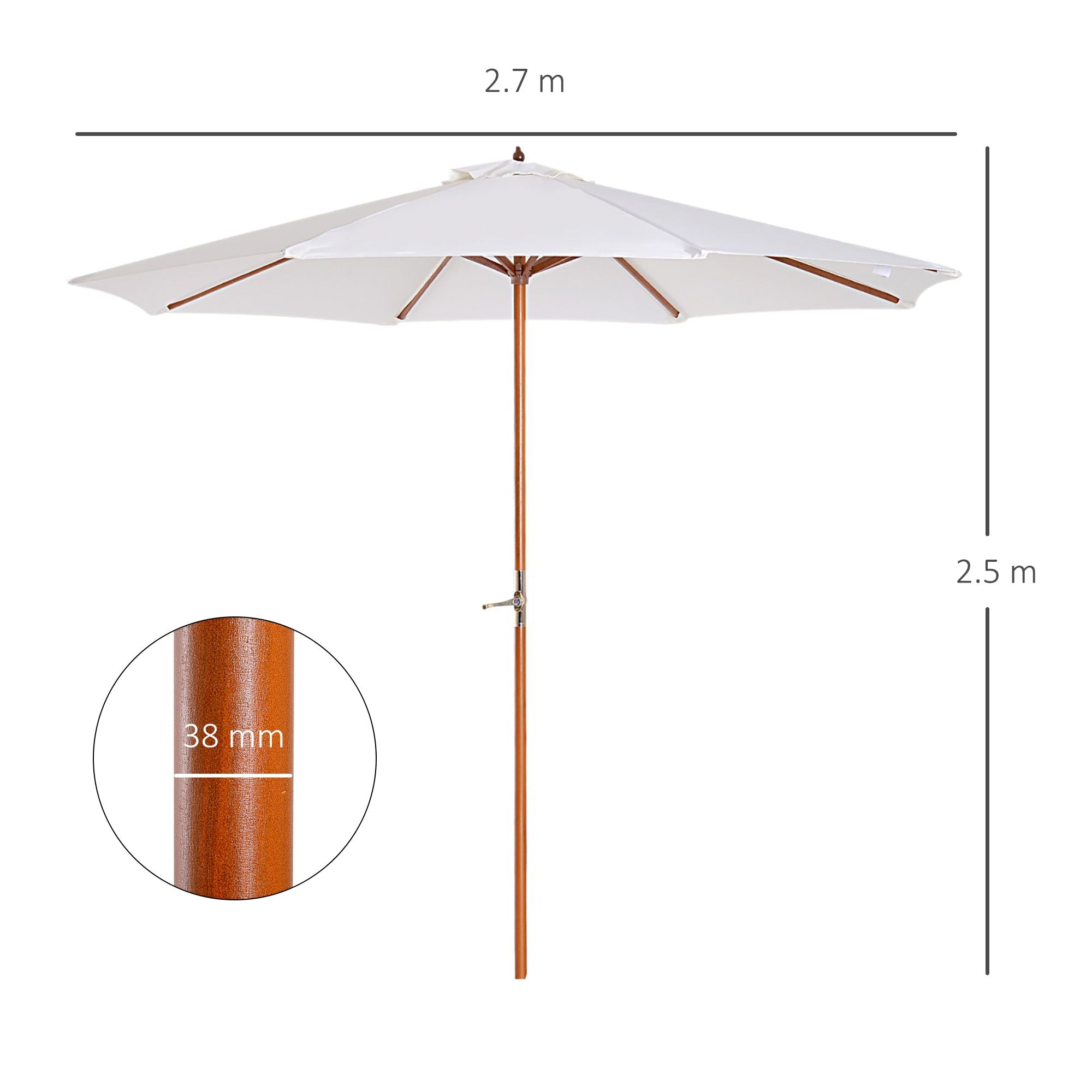Ombrellone da Giardino Ø2,7 m Palo Ø38 mm in Legno di Pioppo e Bambù Beige