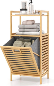 Mensola da bagno con sacco portabiancheria pieghevole, in bambù, armadietto da bagno con 2 ripiani, cesto della biancheria (43,5 x 33 x 96 cm)