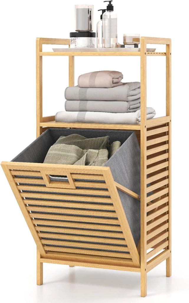 Mensola da bagno con sacco portabiancheria pieghevole, in bambù, armadietto da bagno con 2 ripiani, cesto della biancheria (43,5 x 33 x 96 cm)